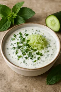 Hűsítő joghurtos mentás raita tálalva friss uborkával