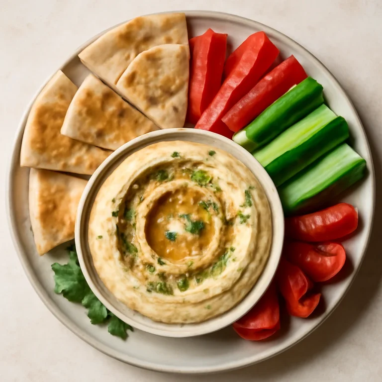 Meze hummusszal, friss zöldségekkel és pirított pitával tálalva