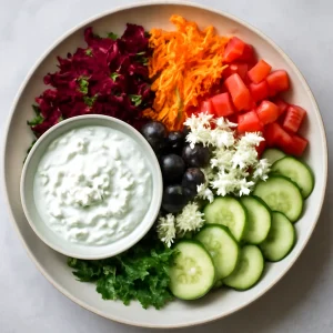 Friss mediterrán meze tzatzikivel tálalva