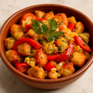 Sült paprika és pirított kenyér egy tálban