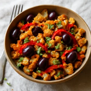 Mediterrán migas szőlővel és friss zöldségekkel tálalva