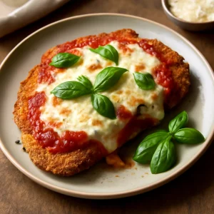 Ínycsiklandó milanesa paradicsomos szósszal, mozzarellával és bazsalikommal