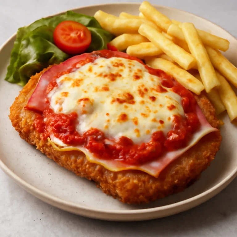 Milanesa napolitana sonkával, gazdag sajttal, paradicsomszósszal és ropogós panírban.