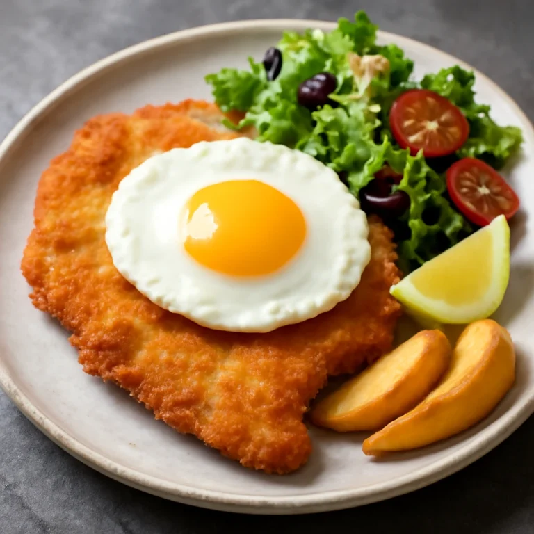 Ropogós milanesa tojással, friss salátával és citrommal tálalva