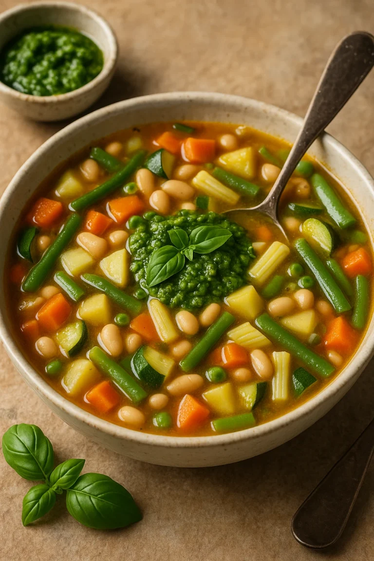 Minestrone alla genovese, friss zöldségekkel és pestóval tálalva