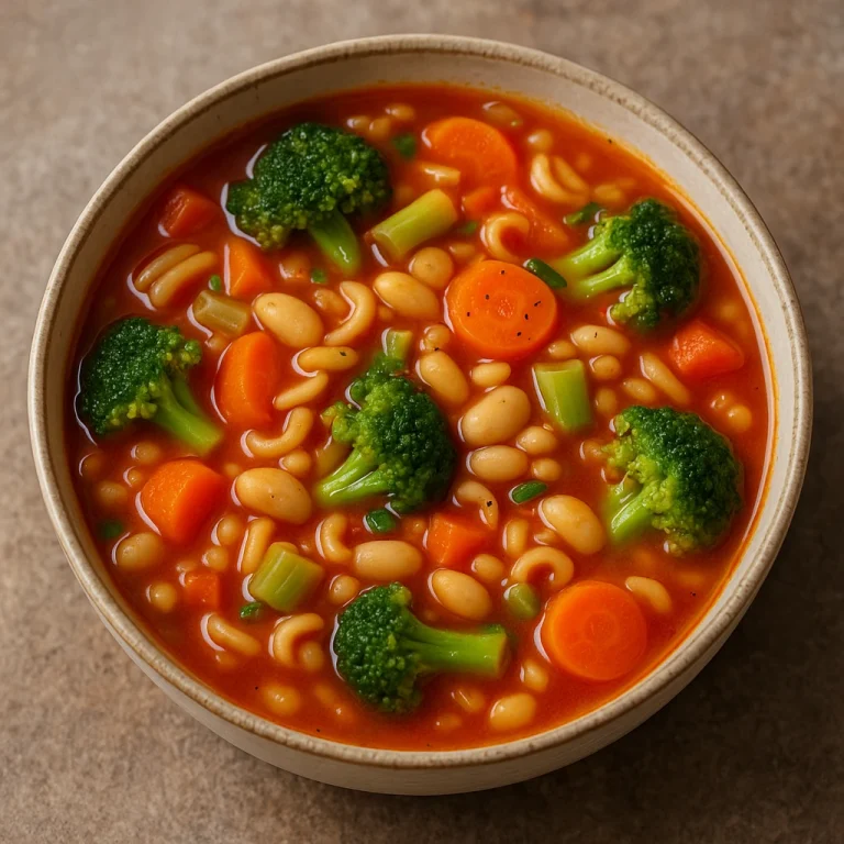 Minestrone leves brokkolival, sárgarépával és tésztával gazdagon tálalva