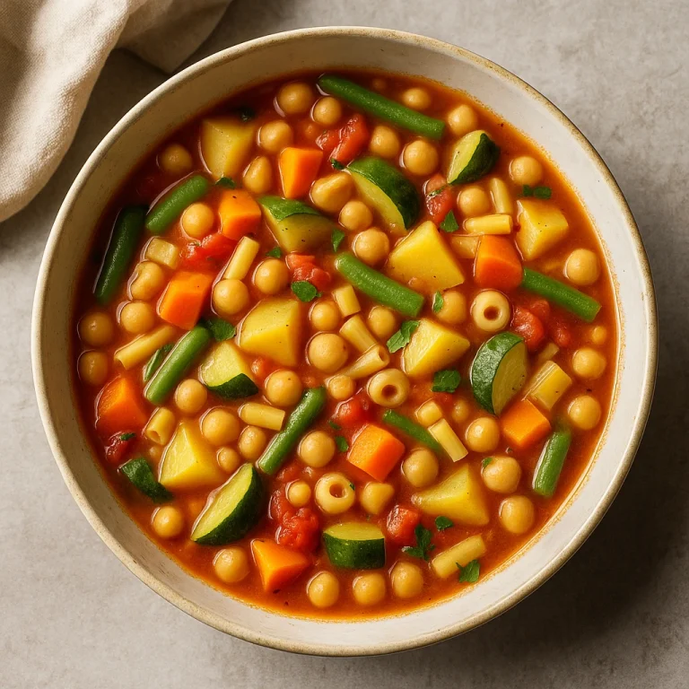 Minestrone csicseriborsóval tálalva, sok zöldséggel és tésztával
