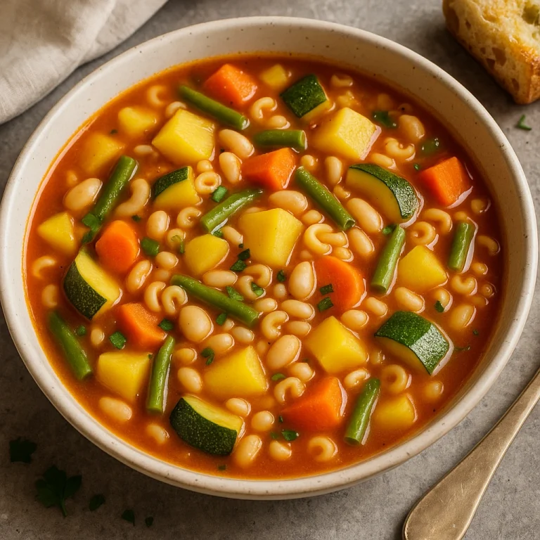 Minestrone cukkínivel, paradicsommal és tésztával tálalva mélytányérban