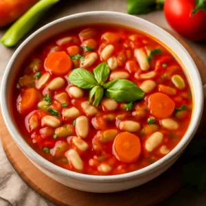 Friss zöldségekkel készült minestrone, fehérbabbal