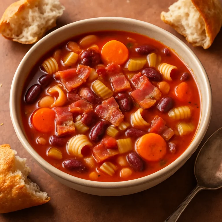Gazdag minestrone leves füstölt szalonnával, tésztával és zöldségekkel tálalva
