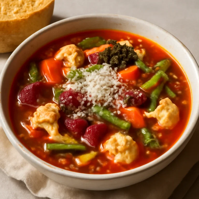 Minestrone karfiollal, friss zöldségekkel tálalva