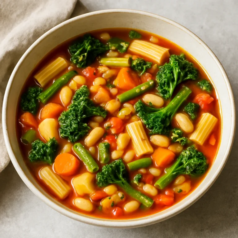Minestrone kelkáposztával, zöldségekkel és tésztával tálalva