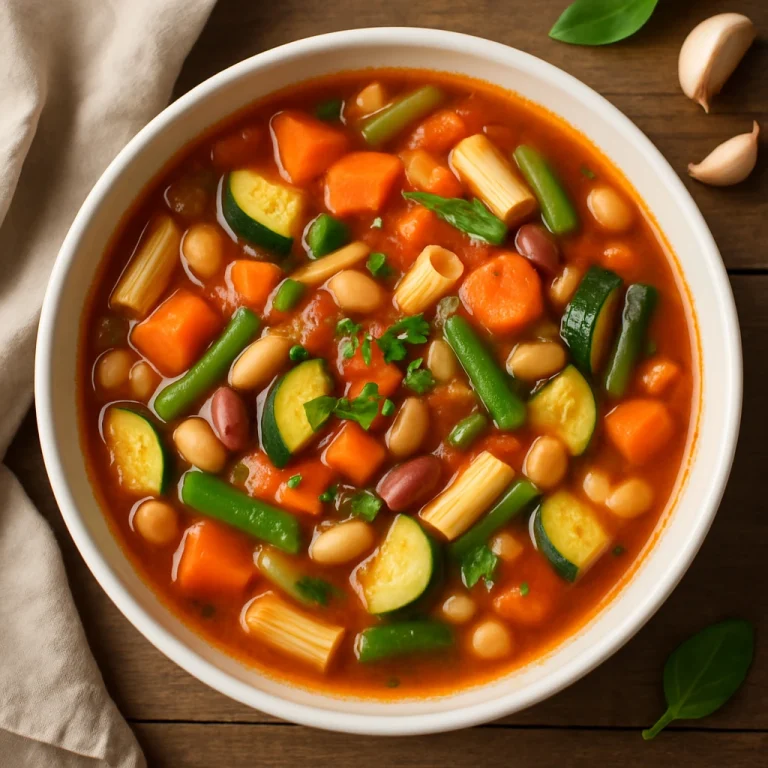 Minestrone klasszikus változat, színes zöldségekkel és tésztával tálalva
