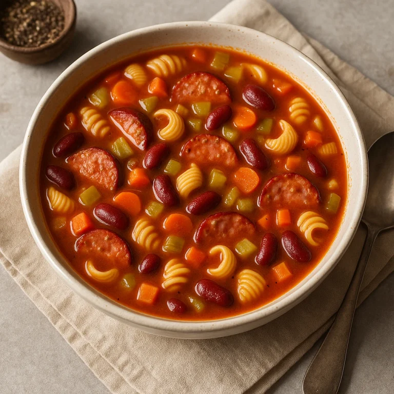 Minestrone kolbásszal, tésztával és zöldségekkel tálalva, egy meleg, házias fogásként