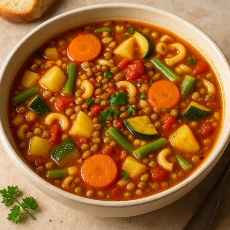Minestrone leves lencsével tálalva, sok zöldséggel és tésztával egy mélytányérban