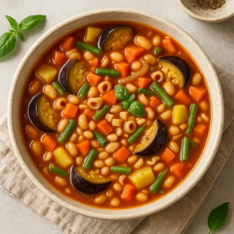 Minestrone leves padlizsánnal és zöldségekkel tálalva