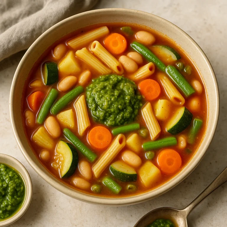Minestrone leves pestóval tálalva, színes zöldségekkel és tésztával egy mélytányérban