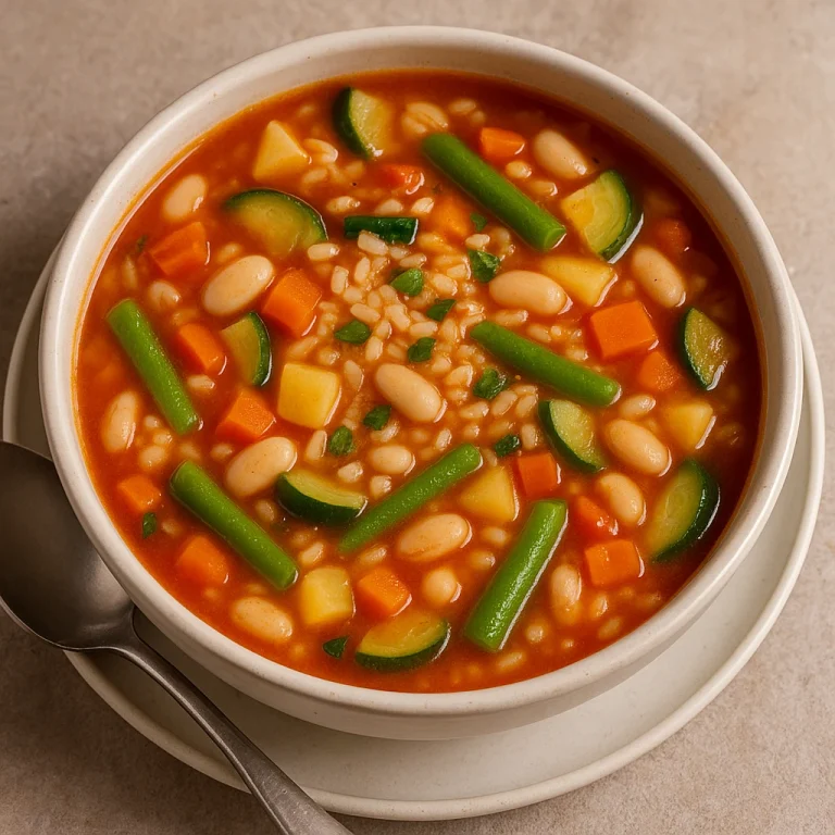 Minestrone leves rizzsel, zöldségekkel és babbal tálalva