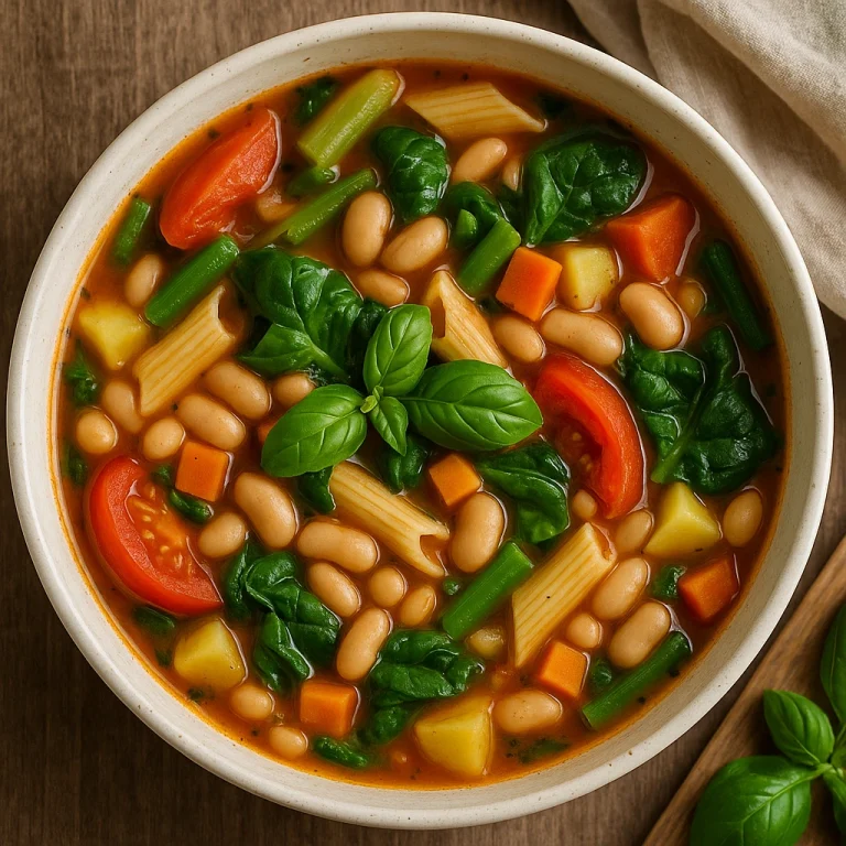 Minestrone leves spenóttal, paradicsommal, babbal és tésztával tálalva