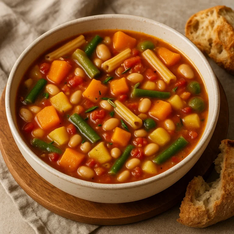 Minestrone sütőtökkel, zöldségekkel és tésztával tálalva