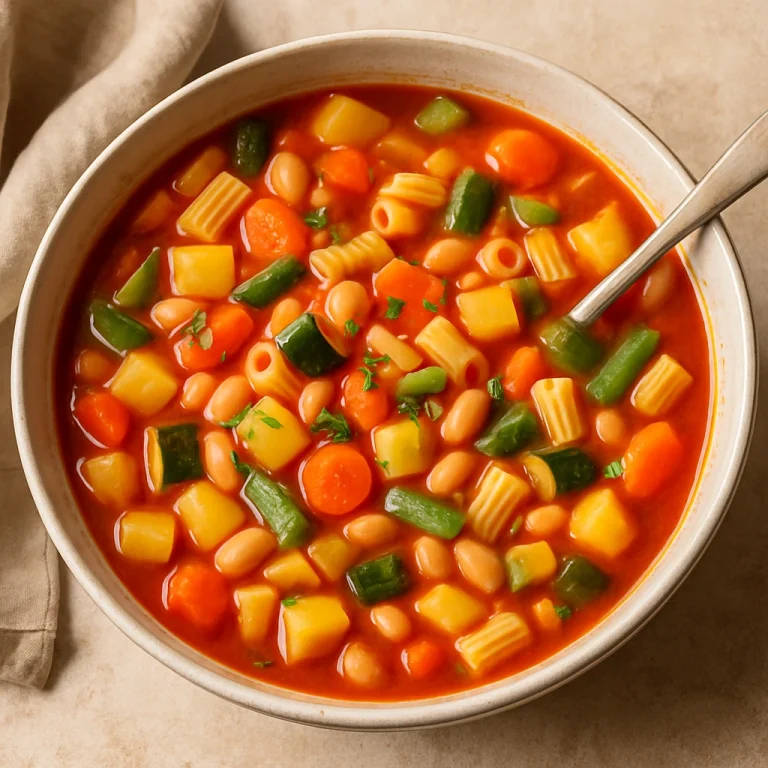 Minestrone leves tésztával tálalva, sok zöldséggel, burgonyával és babbal