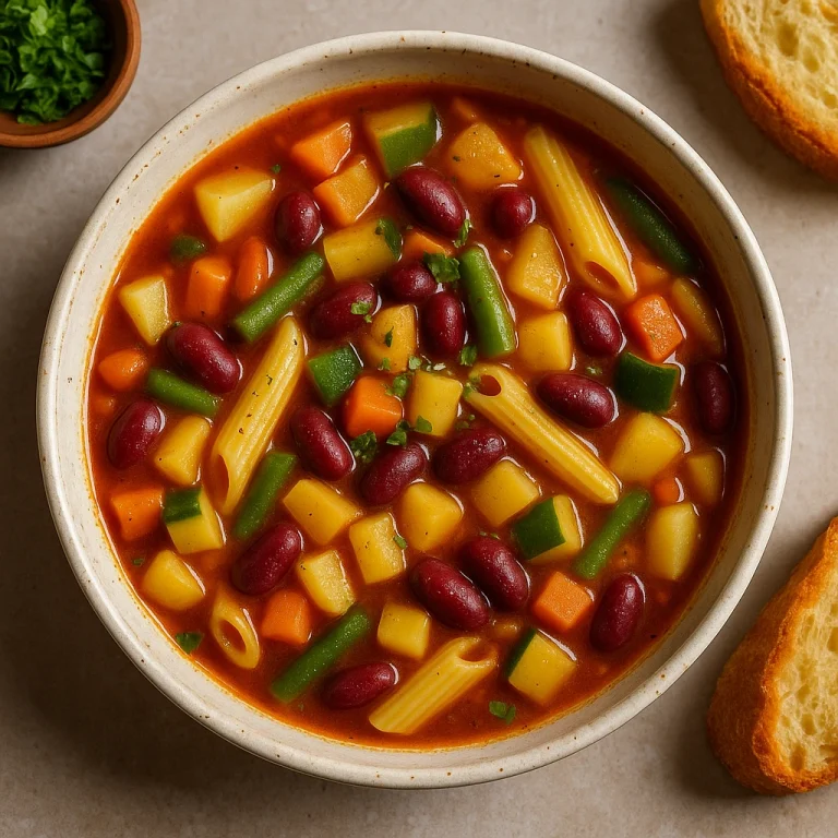 Minestrone vörösbabbal, zöldségekkel és tésztával tálalva, olaszos stílusban