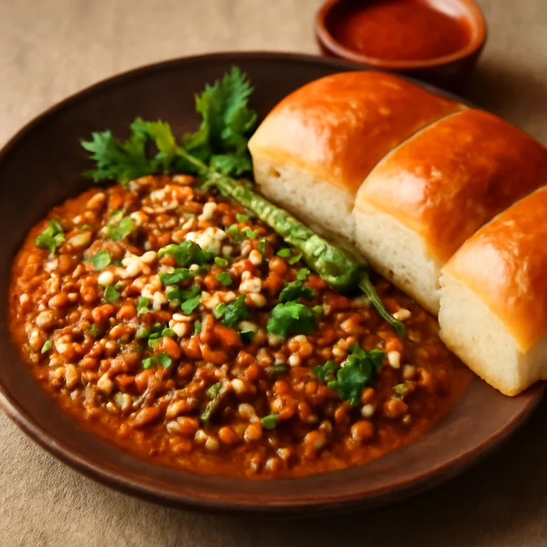 Misal Pav Ahmednagar stílusban, gazdag fűszerekkel és kókuszos mung babbal
