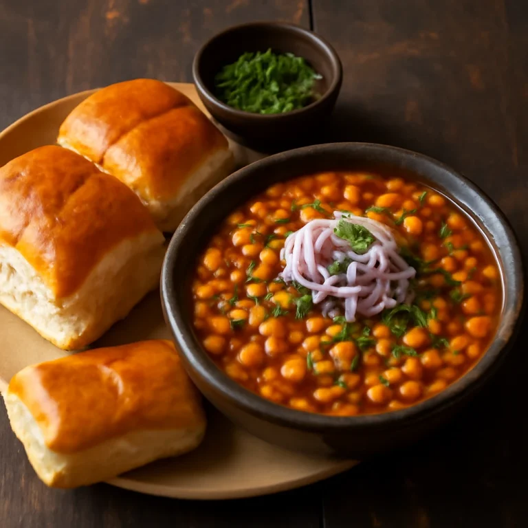 Misal Pav Nagpuri változatban, egy tálban gazdag mung dal és burgonya szósz, ropogós zsemlével tálalva