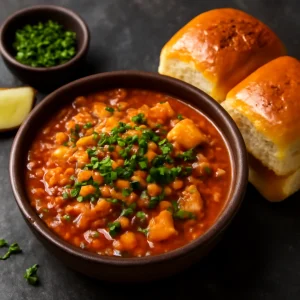 Indiai misal pav, fűszeres mung dal és burgonya szószból, pirított zsemlével