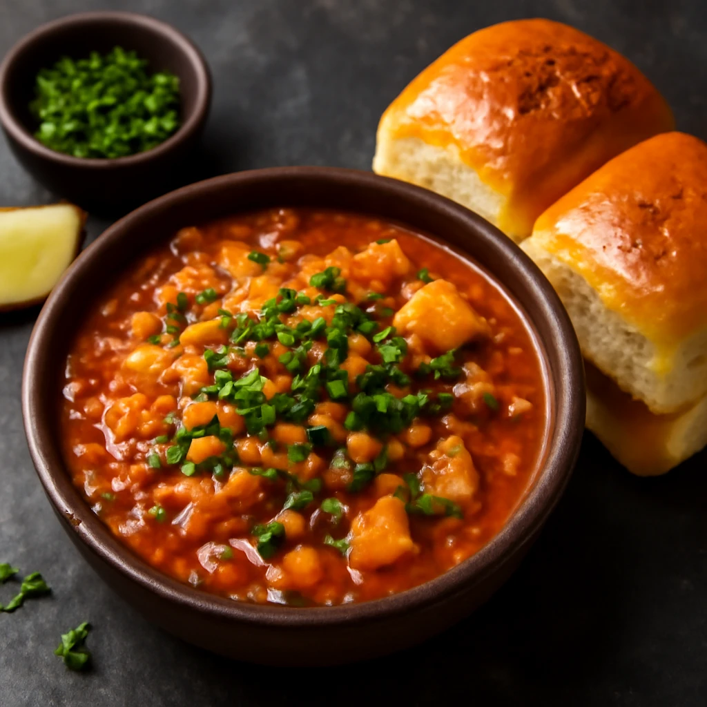 Indiai misal pav, fÅ±szeres mung dal Ã©s burgonya szÃ³szbÃ³l, pirÃ­tott zsemlÃ©vel