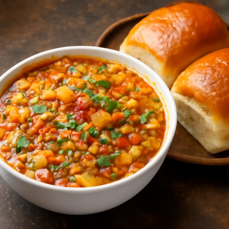 Misal Pav sabudana tápióka változatban, egy tálban gazdag tápiókás szósz, ropogós zsemlével tálalva