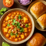 Misal pav Jain módra tálalva friss korianderrel és zsemlével