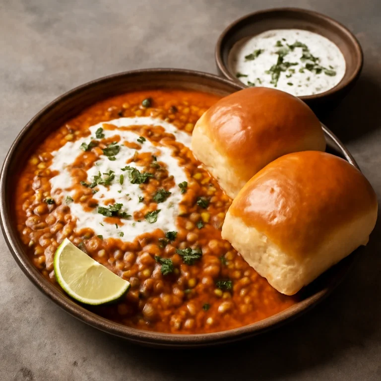 Misal pav dahi joghurtos változatban, tálalva pav zsemlével és friss korianderrel