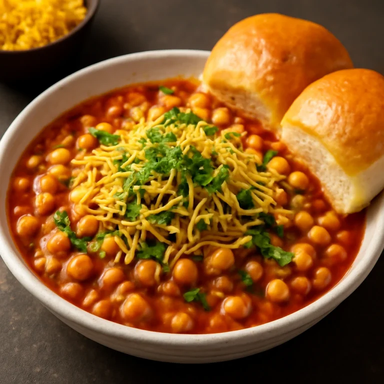 Misal pav extra farsannal, csicseriborsóval, friss korianderrel és pirított pav zsemlével tálalva