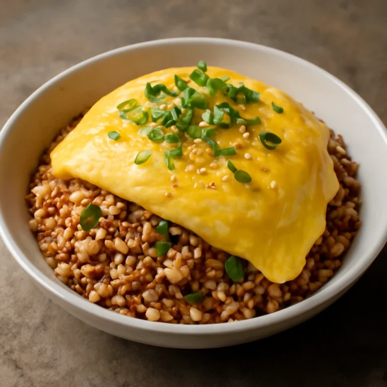 Miso omurice tálban, szezámmaggal és friss zöldhagymával díszítve
