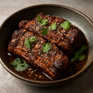 Fűszeres koreai miso galbi, szezámmaggal és korianderrel