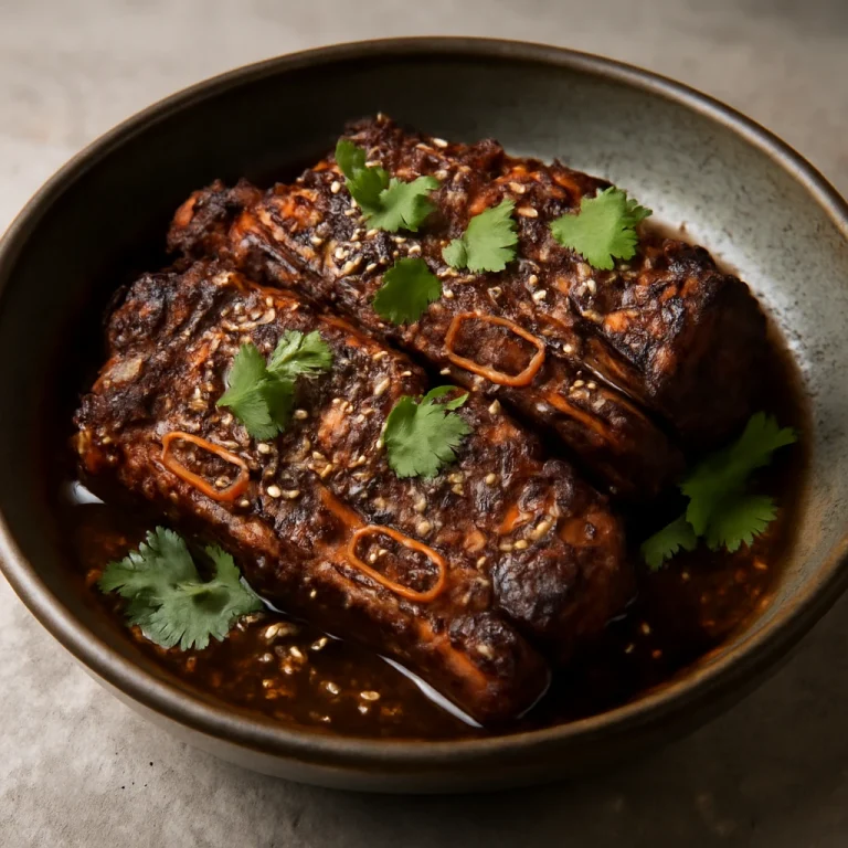 Miso galbi, sült marhahús miso pasztával, szezámmaggal és korianderrel tálalva