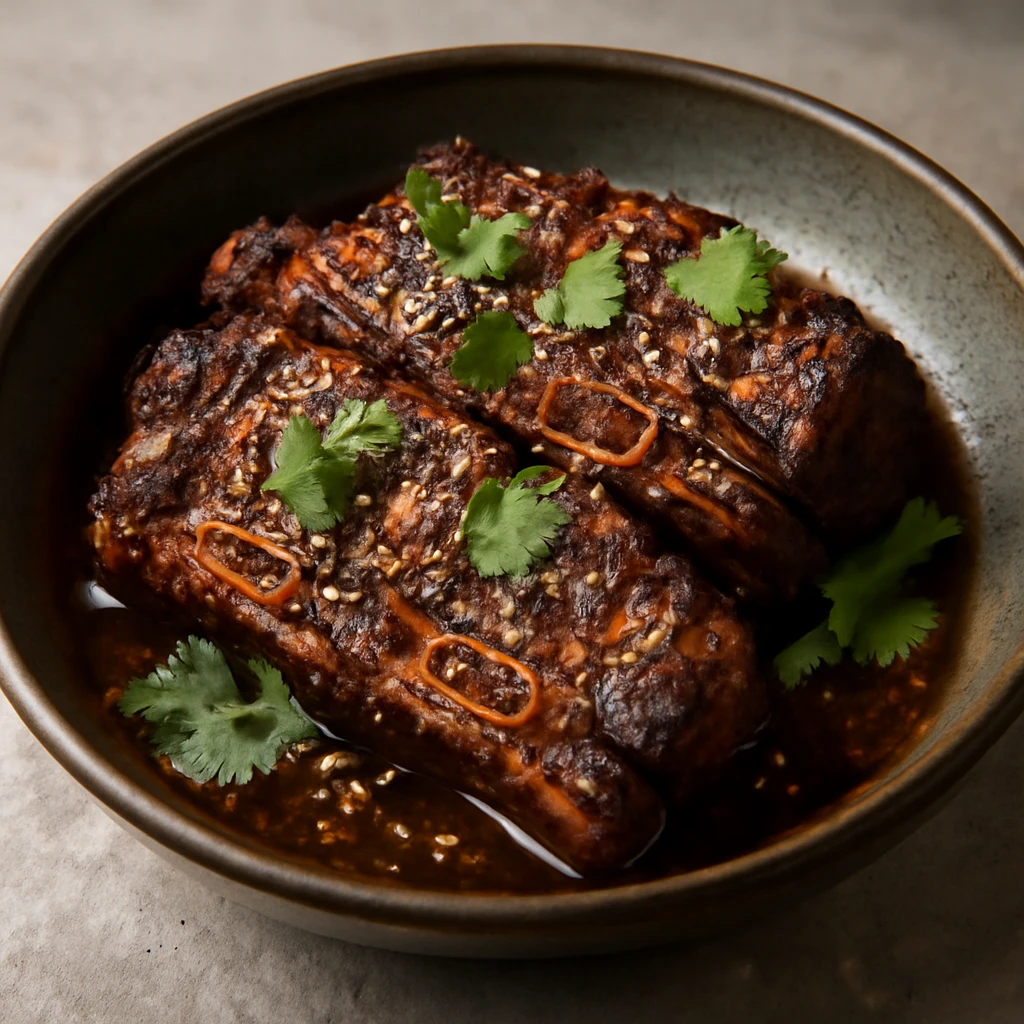 Fűszeres koreai miso galbi, szezámmaggal és korianderrel