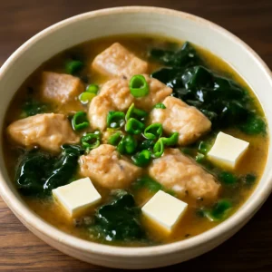 Japán miso leves, csirkehússal, tofut és tengerihervadást tartalmaz