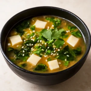 Finom miso leves tofuval, friss zöldségekkel