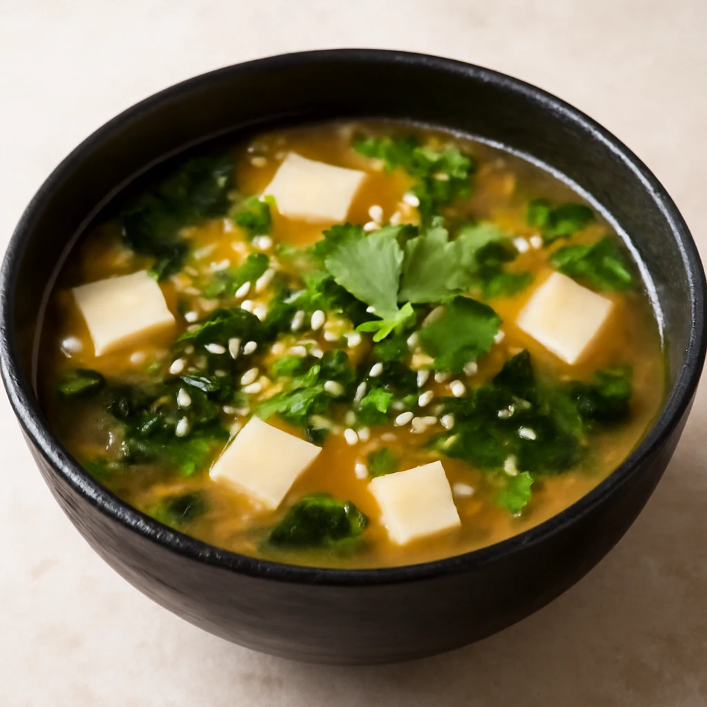 Finom miso leves tofuval, friss zöldségekkel