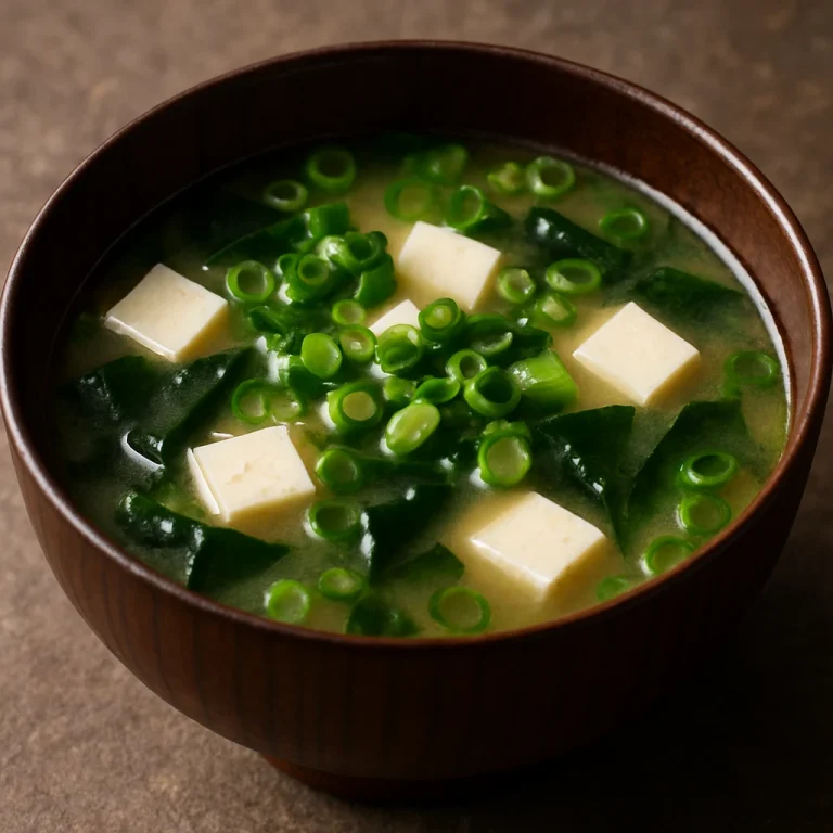 Miso leves újhagymával tálalva, tofukockákkal és wakamé algával, mély tálban