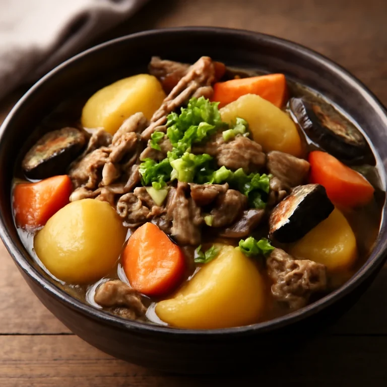 Miso-s Nikujaga, marhahússal, zöldségekkel és miso pasztával tálalva