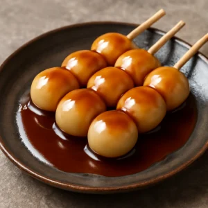 Japán dango rizslisztes golyókkal, szójaszószos sziruppal