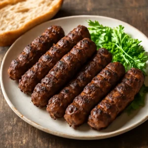 Román grillezett kolbász, friss salátával