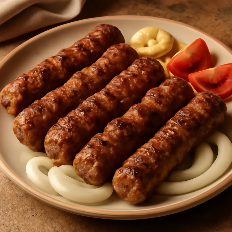 Mititei sertéshússal, aranybarna grillkolbászok tálalva