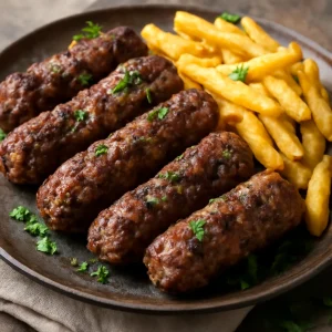 Fűszeres mititei sült krumplival tálalva