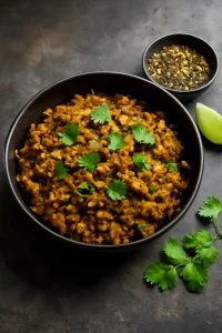 Mochar Ghonto panch phoron fűszerkeverékkel, gazdag ízvilágú indiai étel