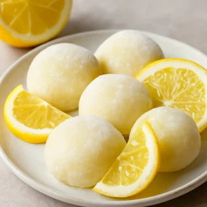 Friss, citromos mochi golyók tálalva
