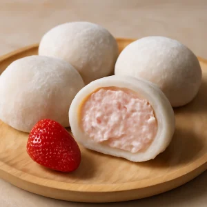 Japán mochi, friss eperkrémmel és finom rizsliszt tésztával